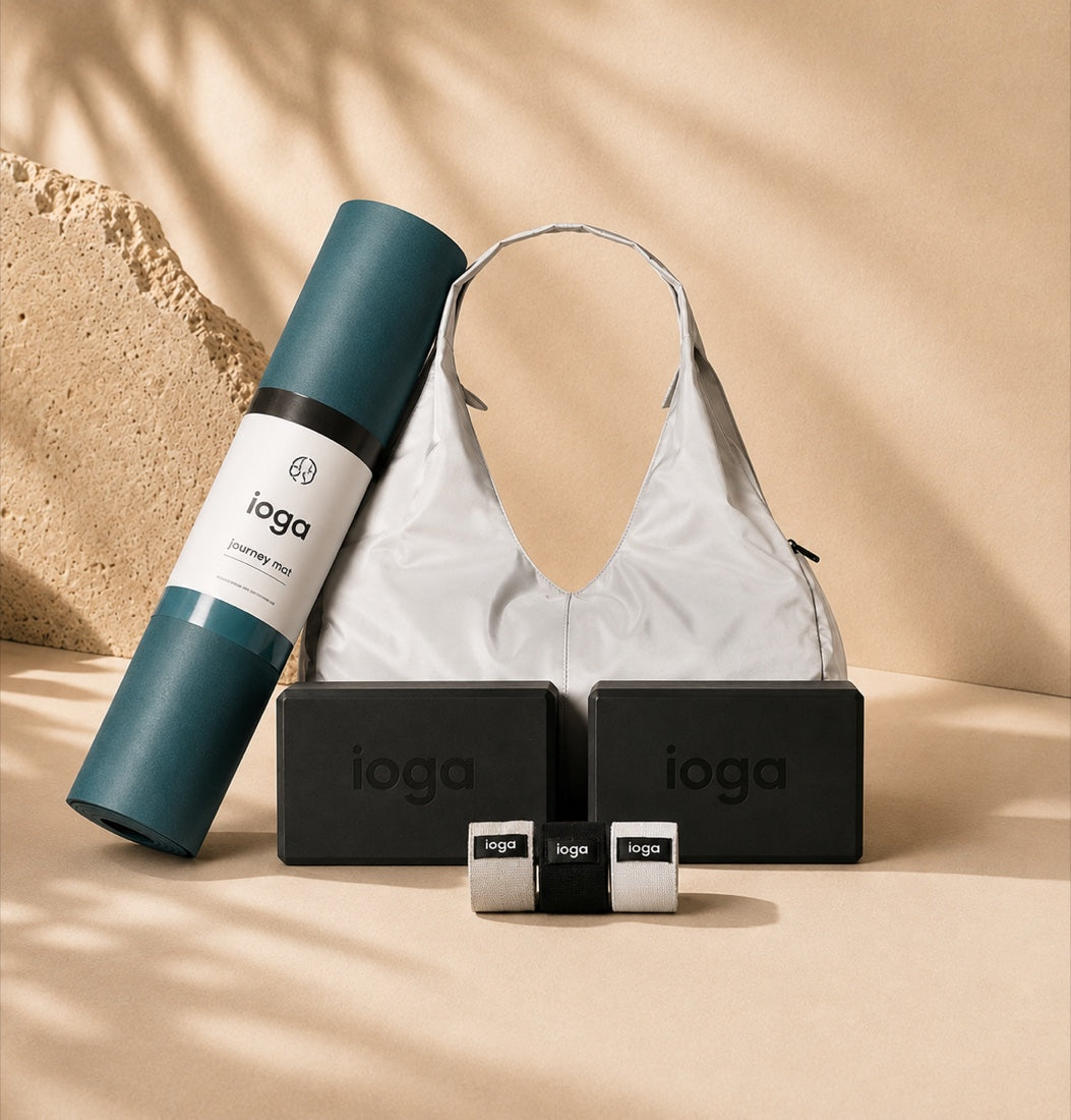 Kit de Yoga Completo Journey IOGA — tapete verde teal de caucho natural, 2 bloques, bolsa y bandas de resistencia