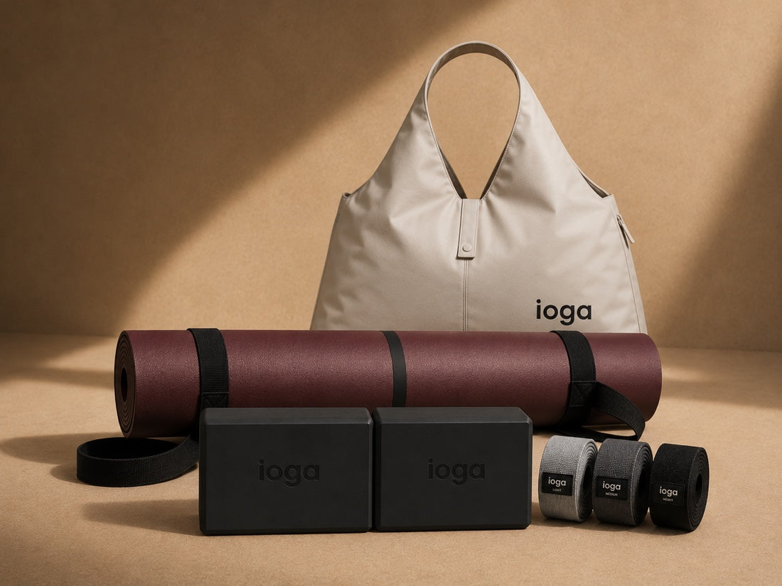 Kit de Yoga Completo Serenity IOGA — tapete vino de caucho natural, 2 bloques, bolsa y bandas de resistencia