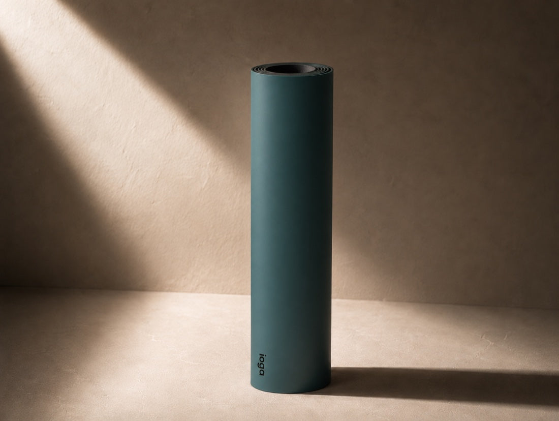 Tapete de yoga Journey IOGA enrollado — caucho 100% natural verde teal 6mm, libre de PVC