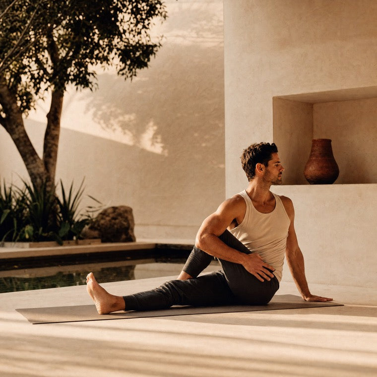 Hombre practicando torsión sentada de yoga sobre tapete IOGA de caucho natural